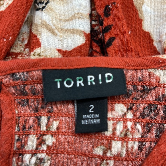2X // Torrid Red Terracotta Floral Crinkled  Gauze Midi Babydoll Top - Picture 11 of 13